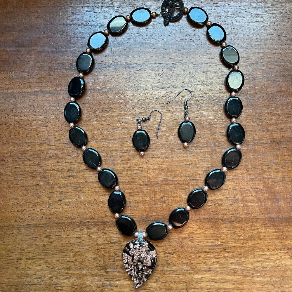 Artisan-Style Black Beaded Necklace & Earring Set with Glass Pendant